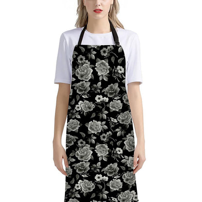 Monochrome Rose Floral Pattern Print Bib Apron With Pocket