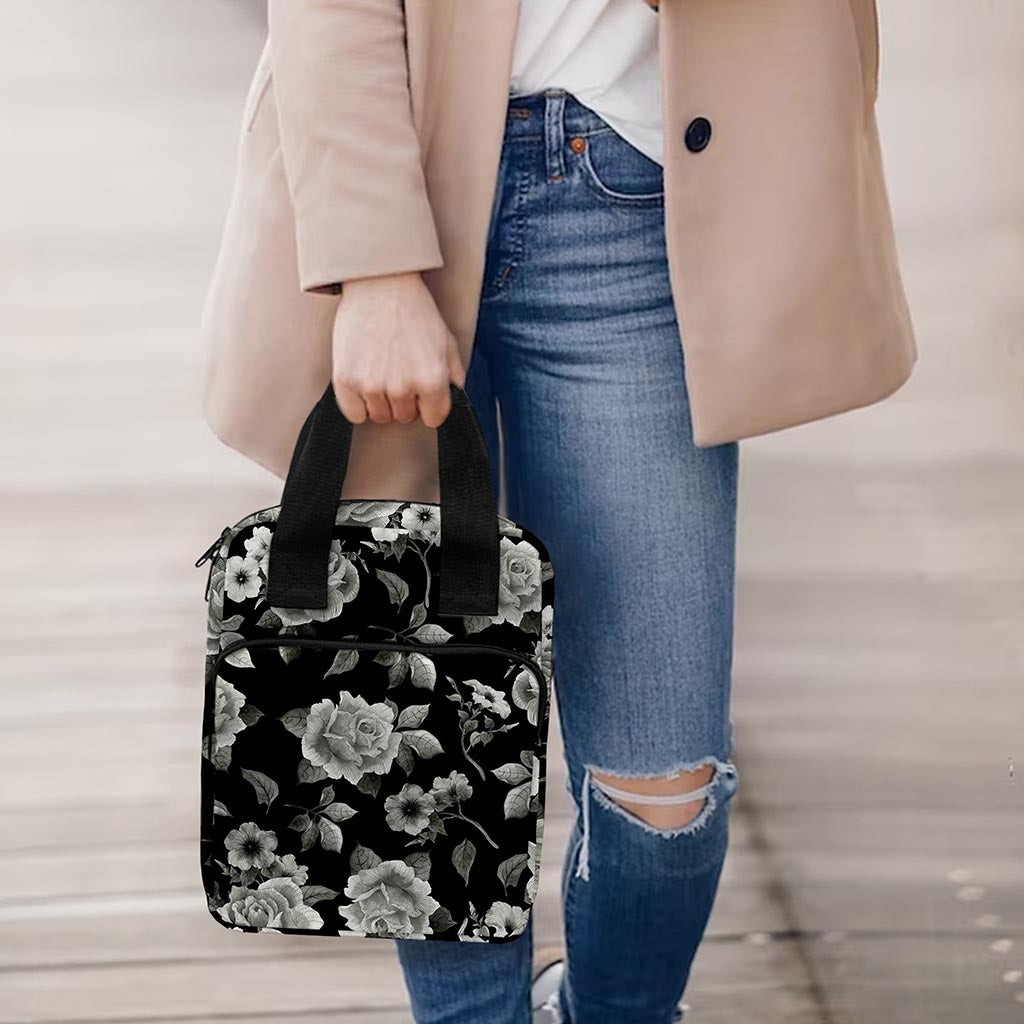 Monochrome Rose Floral Pattern Print Bible Tote Bag