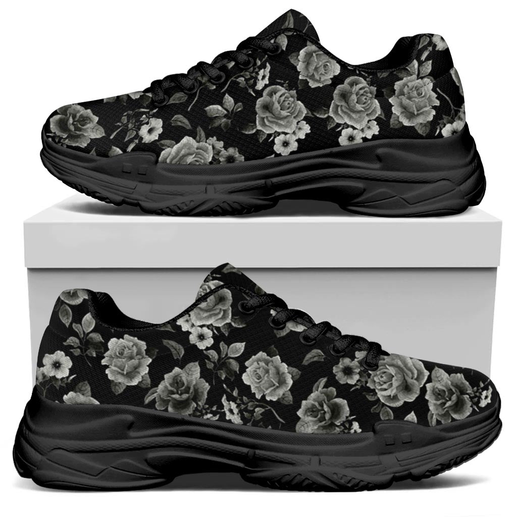Monochrome Rose Floral Pattern Print Black Chunky Shoes