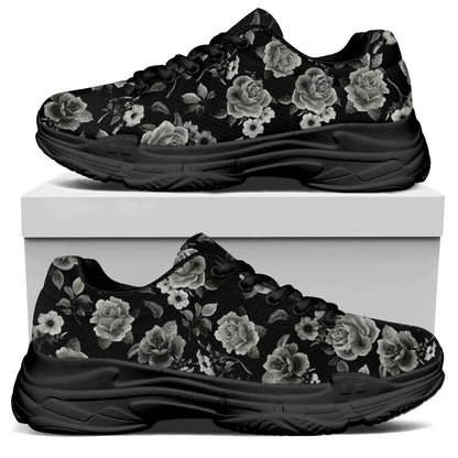 Monochrome Rose Floral Pattern Print Black Chunky Shoes