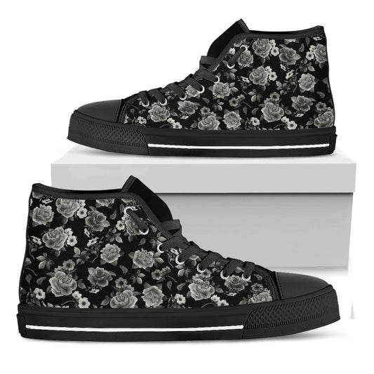 Monochrome Rose Floral Pattern Print Black High Top Sneakers