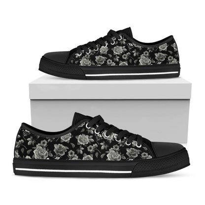 Monochrome Rose Floral Pattern Print Black Low Top Sneakers