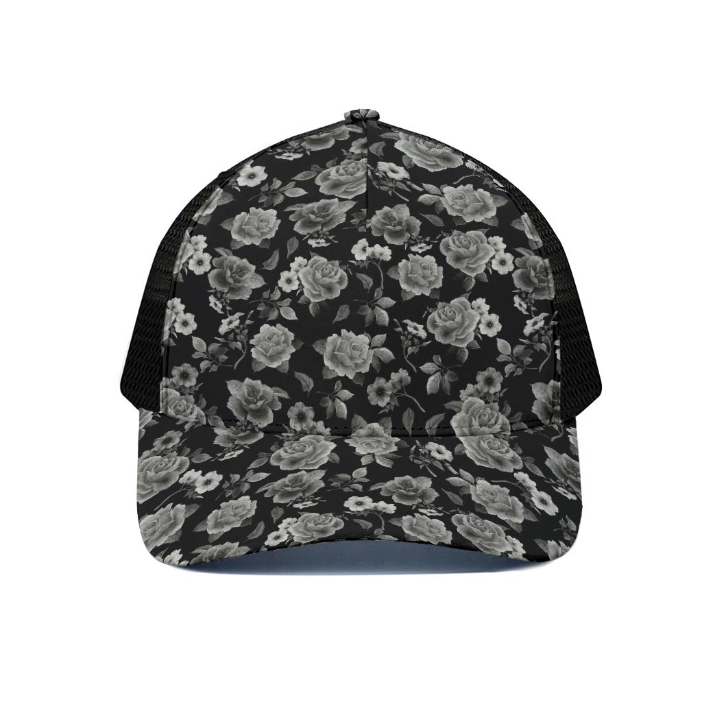 Monochrome Rose Floral Pattern Print Black Mesh Trucker Cap