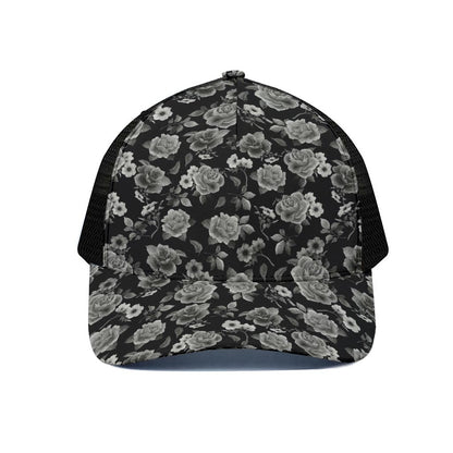 Monochrome Rose Floral Pattern Print Black Mesh Trucker Cap