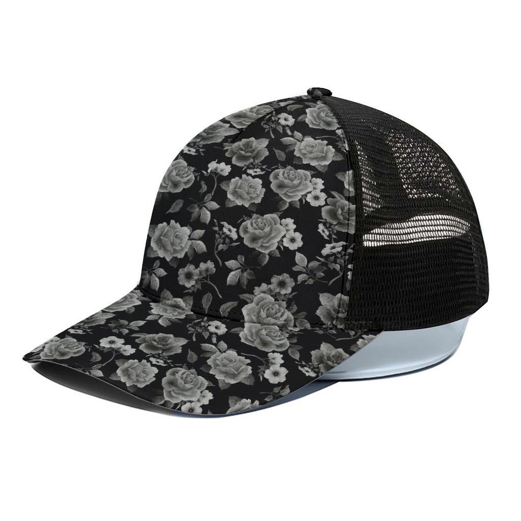Monochrome Rose Floral Pattern Print Black Mesh Trucker Cap