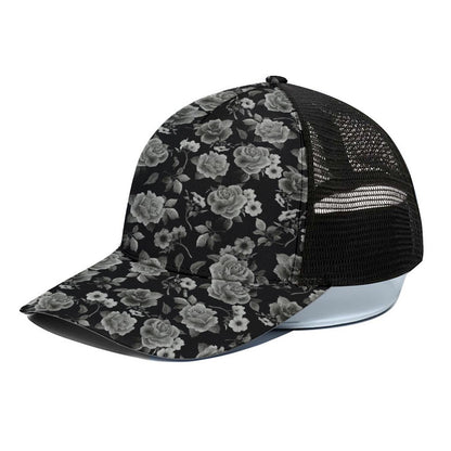 Monochrome Rose Floral Pattern Print Black Mesh Trucker Cap