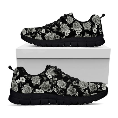 Monochrome Rose Floral Pattern Print Black Running Shoes