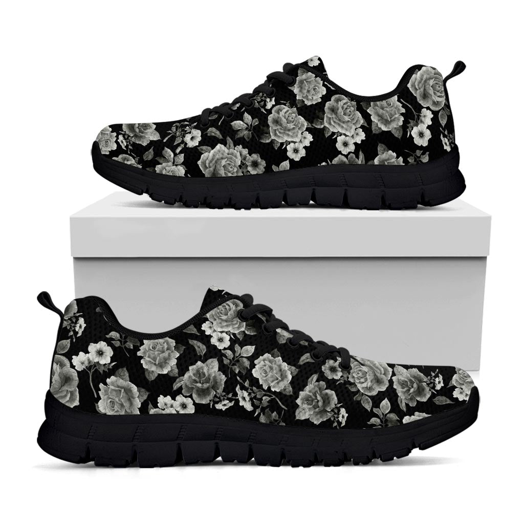 Monochrome Rose Floral Pattern Print Black Running Shoes