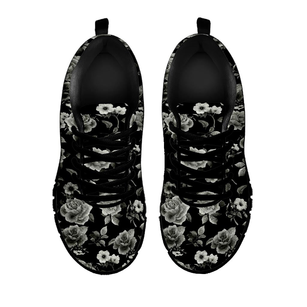 Monochrome Rose Floral Pattern Print Black Running Shoes