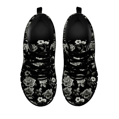Monochrome Rose Floral Pattern Print Black Running Shoes