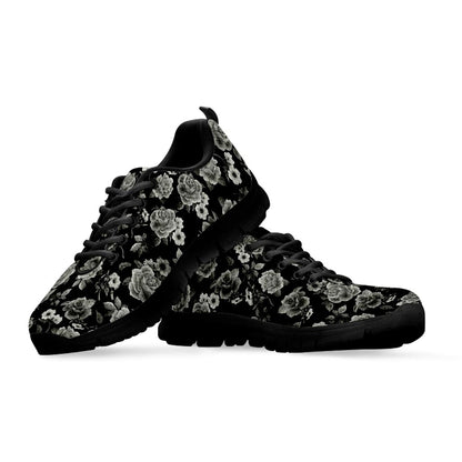 Monochrome Rose Floral Pattern Print Black Running Shoes
