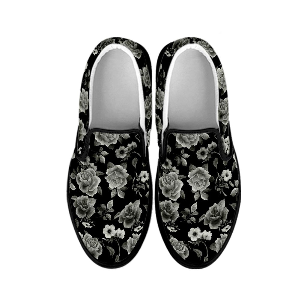 Monochrome Rose Floral Pattern Print Black Slip On Sneakers