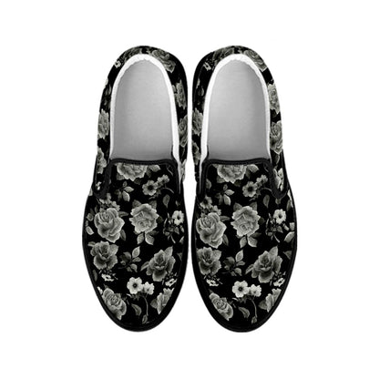 Monochrome Rose Floral Pattern Print Black Slip On Sneakers