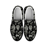 Monochrome Rose Floral Pattern Print Black Slip On Sneakers