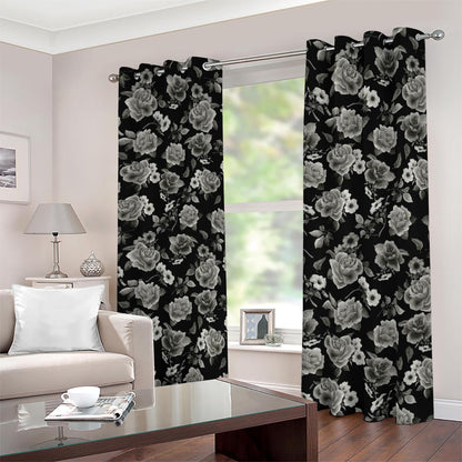Monochrome Rose Floral Pattern Print Blackout Grommet Curtains