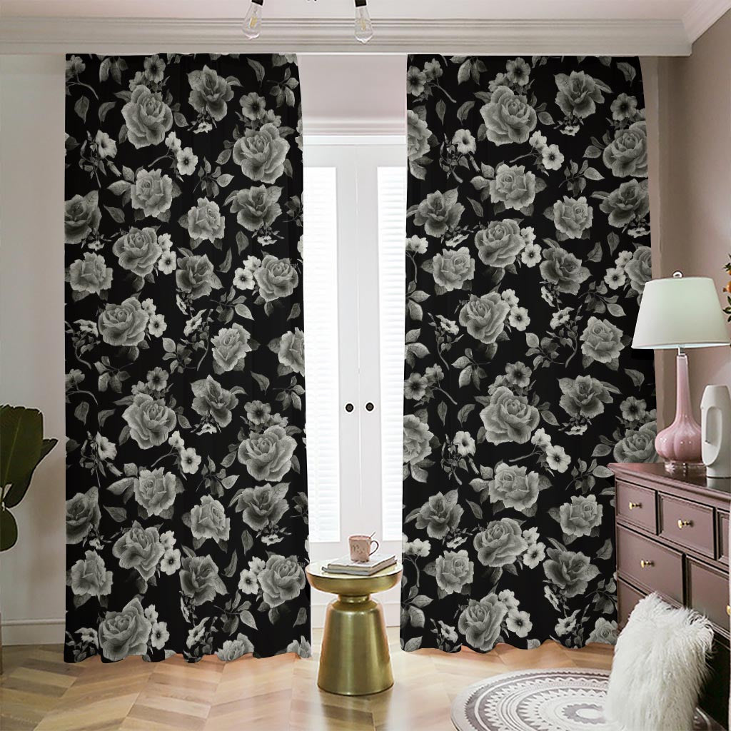 Monochrome Rose Floral Pattern Print Blackout Pencil Pleat Curtains