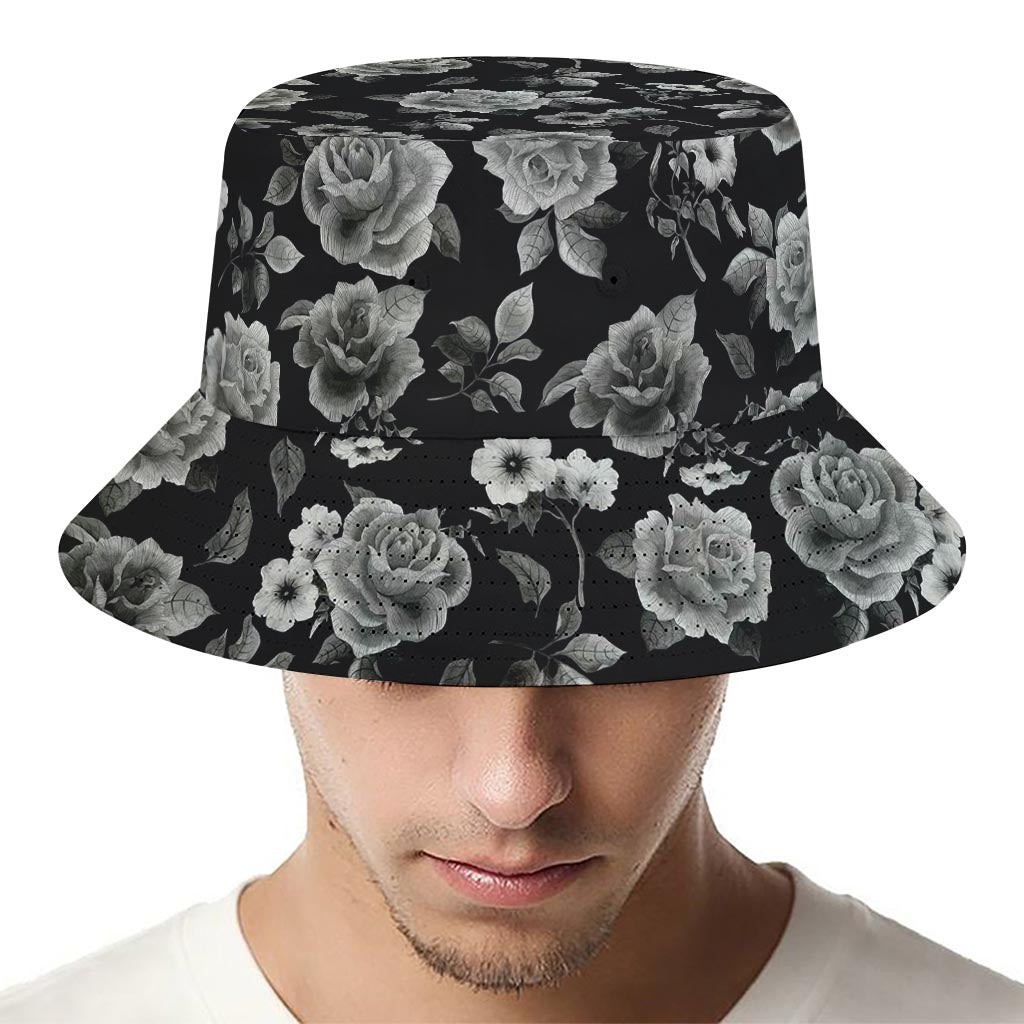 Monochrome Rose Floral Pattern Print Bucket Hat