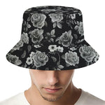 Monochrome Rose Floral Pattern Print Bucket Hat