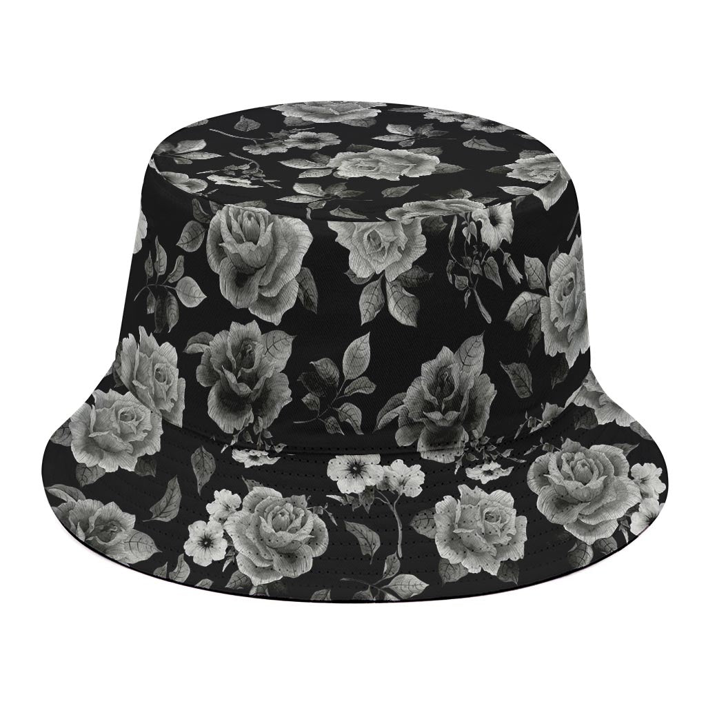 Monochrome Rose Floral Pattern Print Bucket Hat
