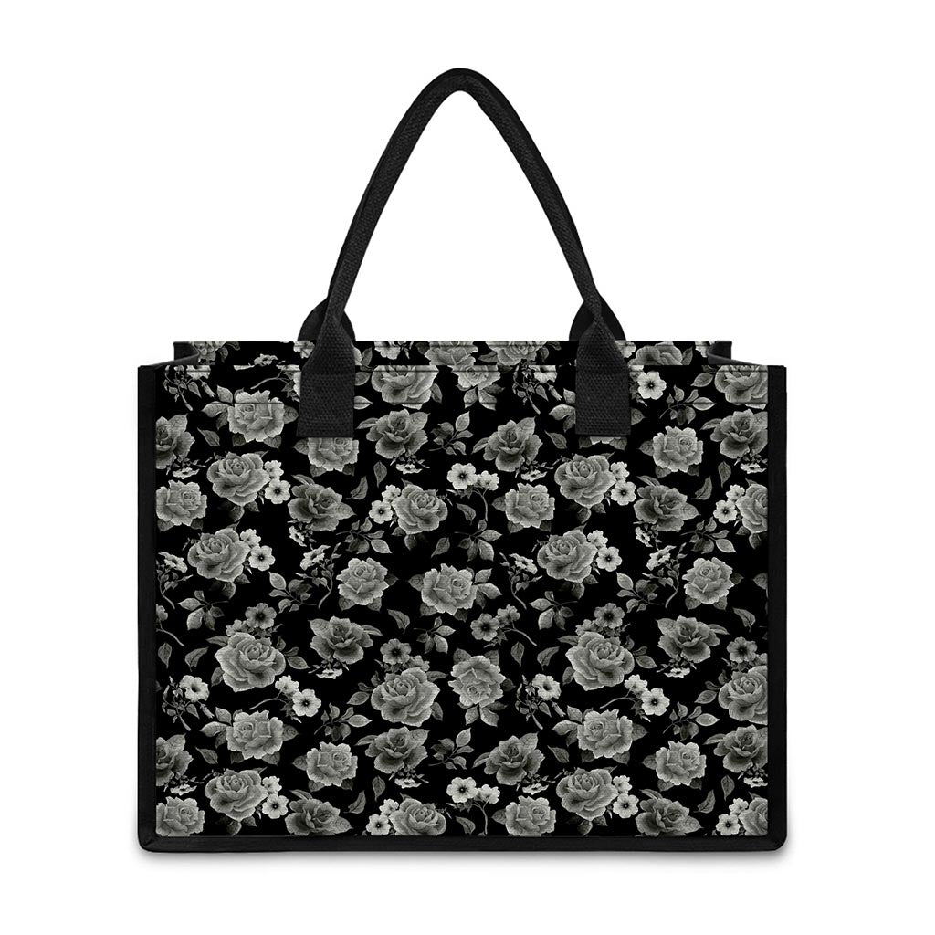 Monochrome Rose Floral Pattern Print Canvas Tote Bag