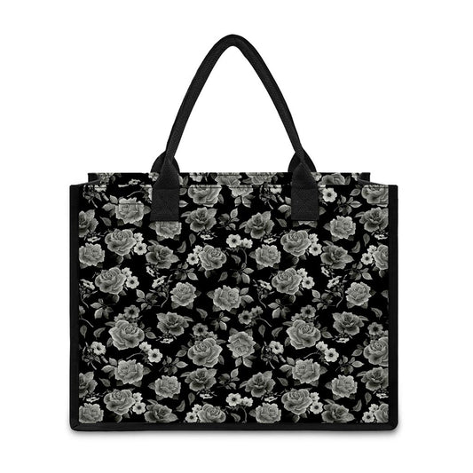 Monochrome Rose Floral Pattern Print Canvas Tote Bag