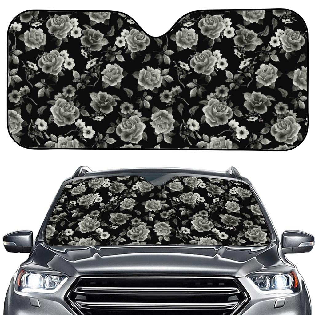 Monochrome Rose Floral Pattern Print Car Windshield Sun Shade