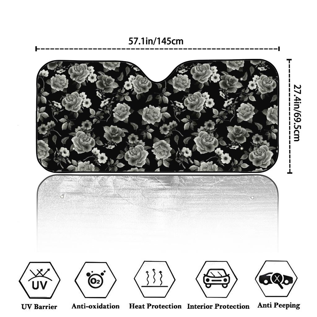 Monochrome Rose Floral Pattern Print Car Windshield Sun Shade