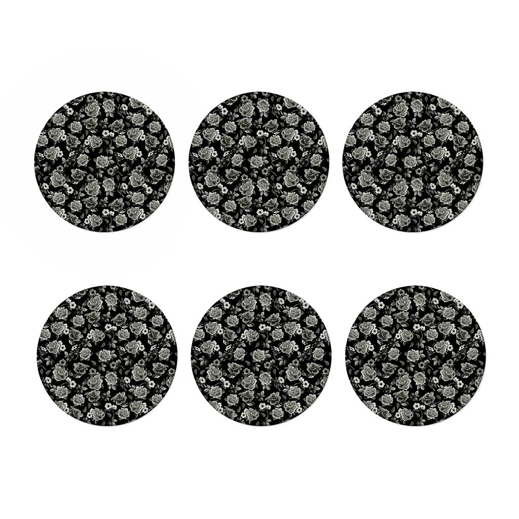 Monochrome Rose Floral Pattern Print Coaster Set