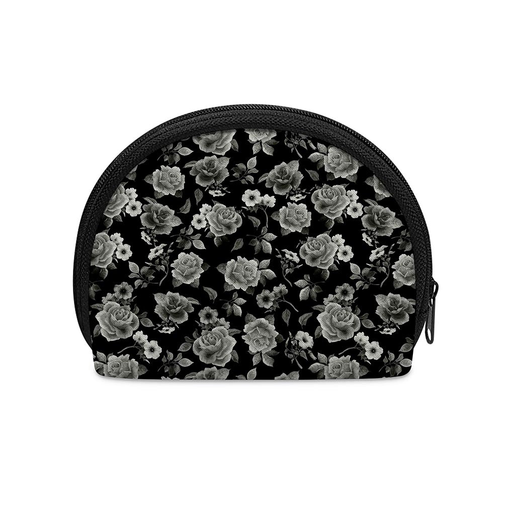 Monochrome Rose Floral Pattern Print Coin Purse