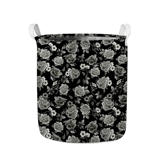 Monochrome Rose Floral Pattern Print Collapsible Laundry Basket