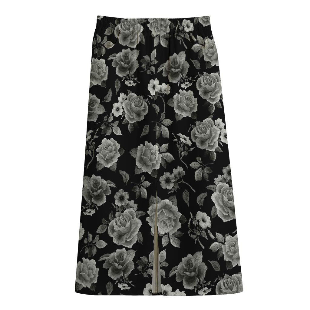 Monochrome Rose Floral Pattern Print Cotton Front Slit Maxi Skirt