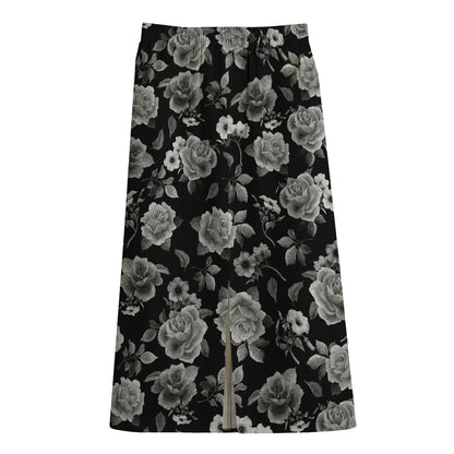 Monochrome Rose Floral Pattern Print Cotton Front Slit Maxi Skirt