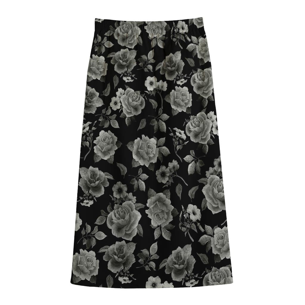 Monochrome Rose Floral Pattern Print Cotton Front Slit Maxi Skirt