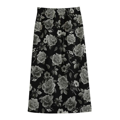 Monochrome Rose Floral Pattern Print Cotton Front Slit Maxi Skirt