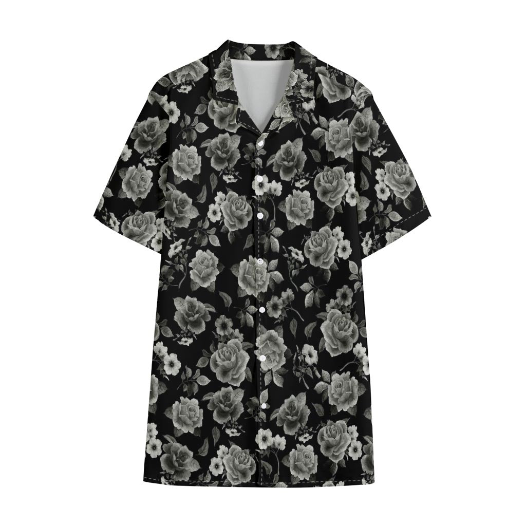 Monochrome Rose Floral Pattern Print Cotton Hawaiian Shirt