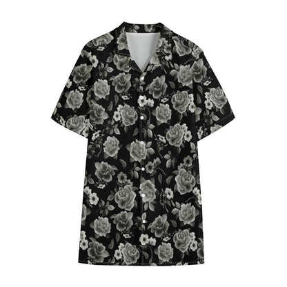 Monochrome Rose Floral Pattern Print Cotton Hawaiian Shirt