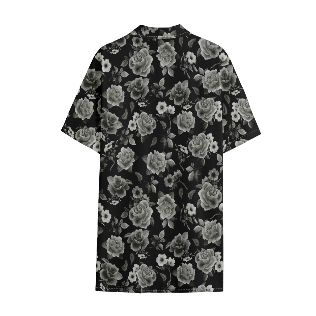 Monochrome Rose Floral Pattern Print Cotton Hawaiian Shirt