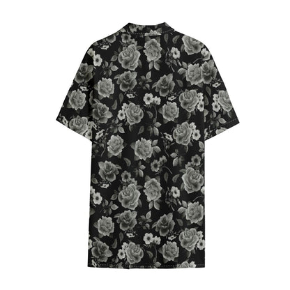 Monochrome Rose Floral Pattern Print Cotton Hawaiian Shirt