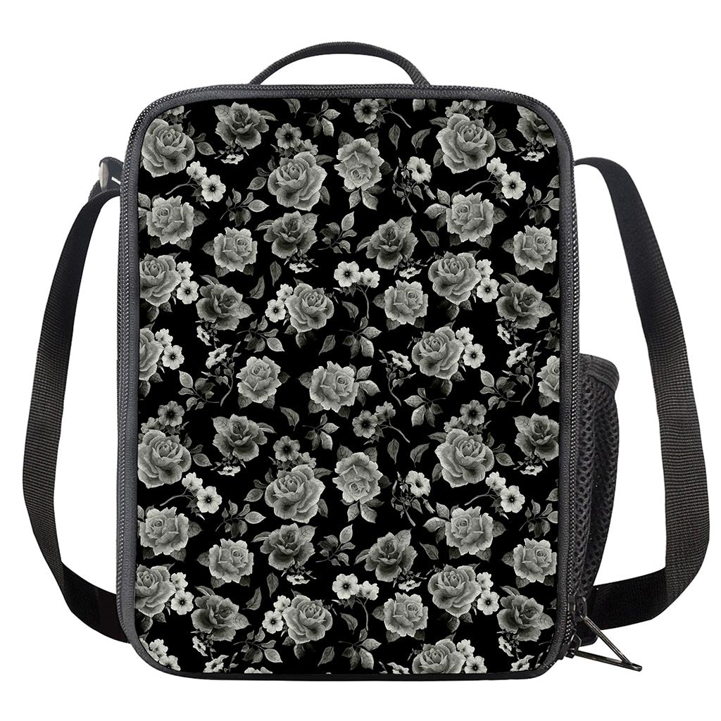 Monochrome Rose Floral Pattern Print Crossbody Lunch Bag
