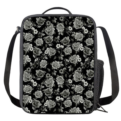 Monochrome Rose Floral Pattern Print Crossbody Lunch Bag