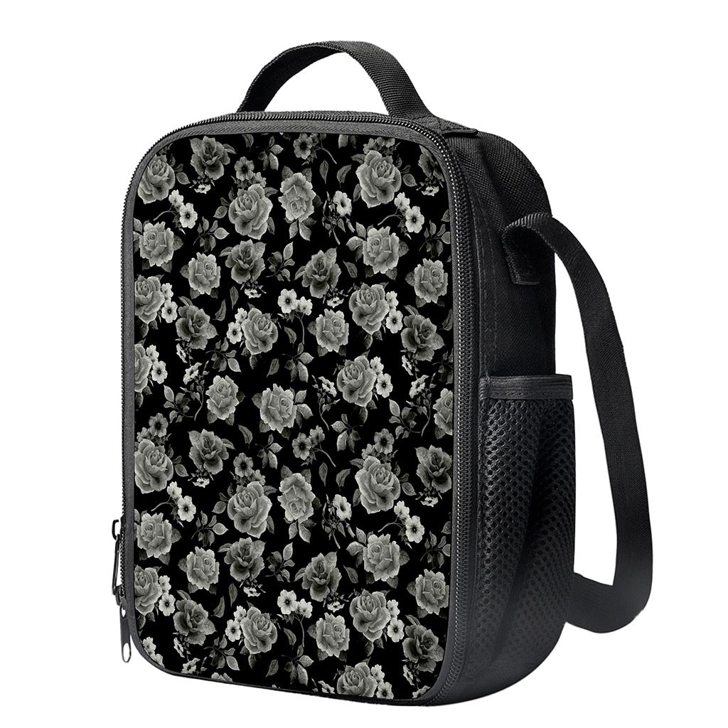 Monochrome Rose Floral Pattern Print Crossbody Lunch Bag