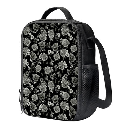Monochrome Rose Floral Pattern Print Crossbody Lunch Bag