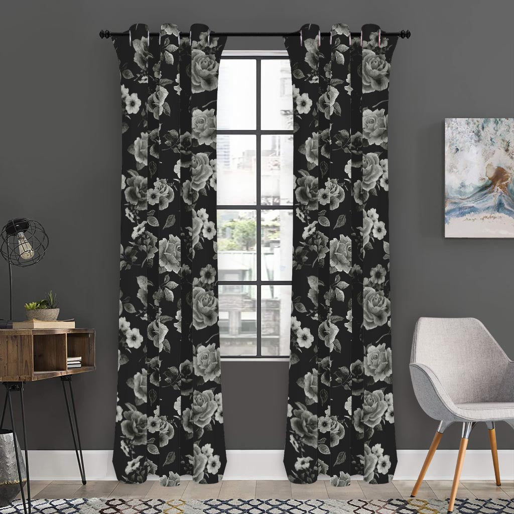 Monochrome Rose Floral Pattern Print Curtain