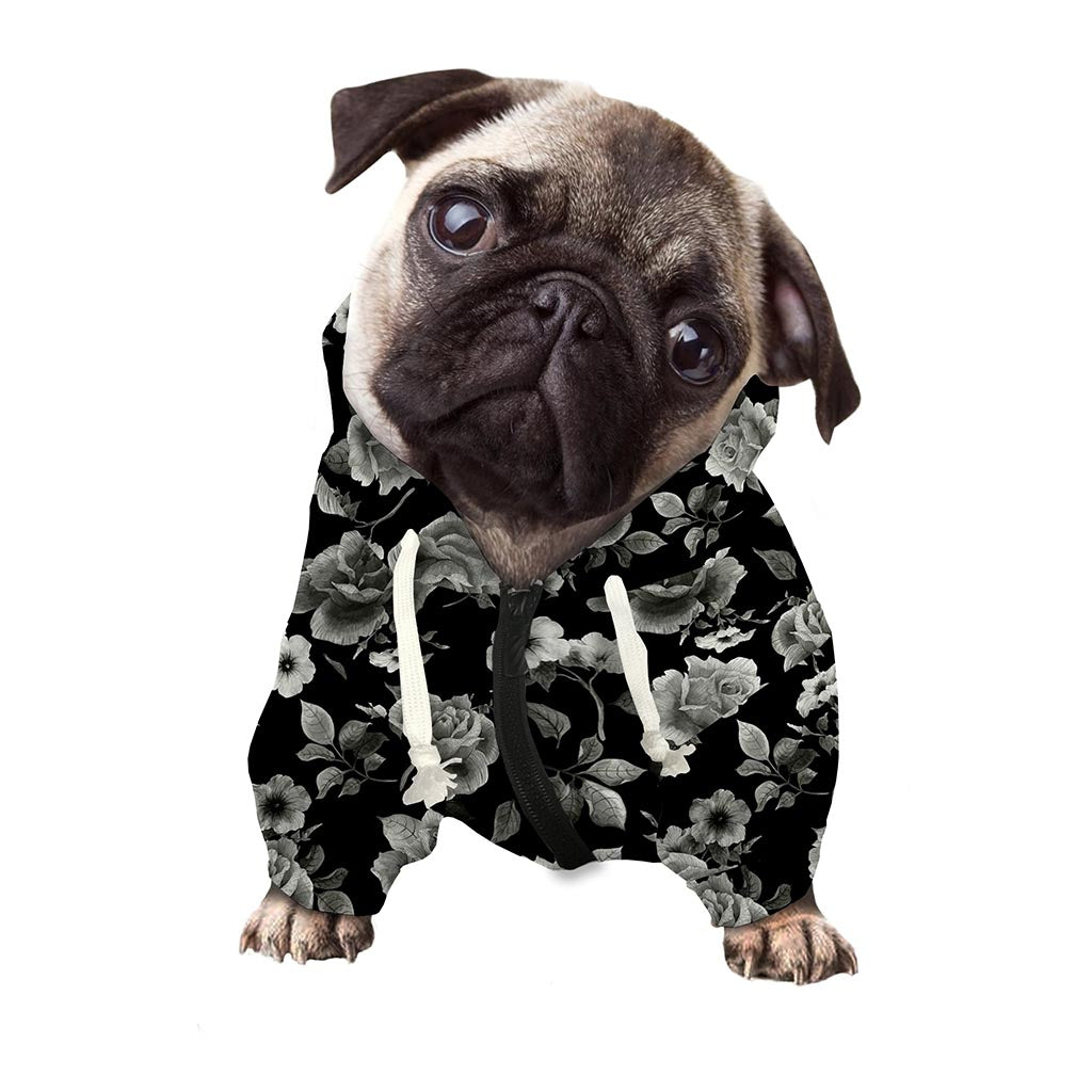 Monochrome Rose Floral Pattern Print Dog Zip Up Hoodie
