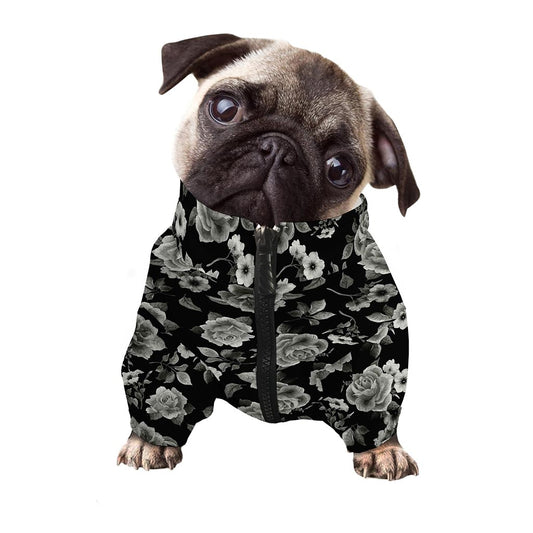 Monochrome Rose Floral Pattern Print Dog Zip Up Jacket
