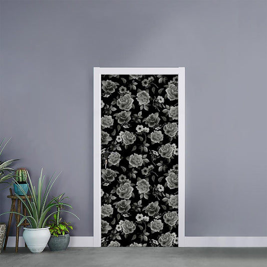 Monochrome Rose Floral Pattern Print Door Sticker