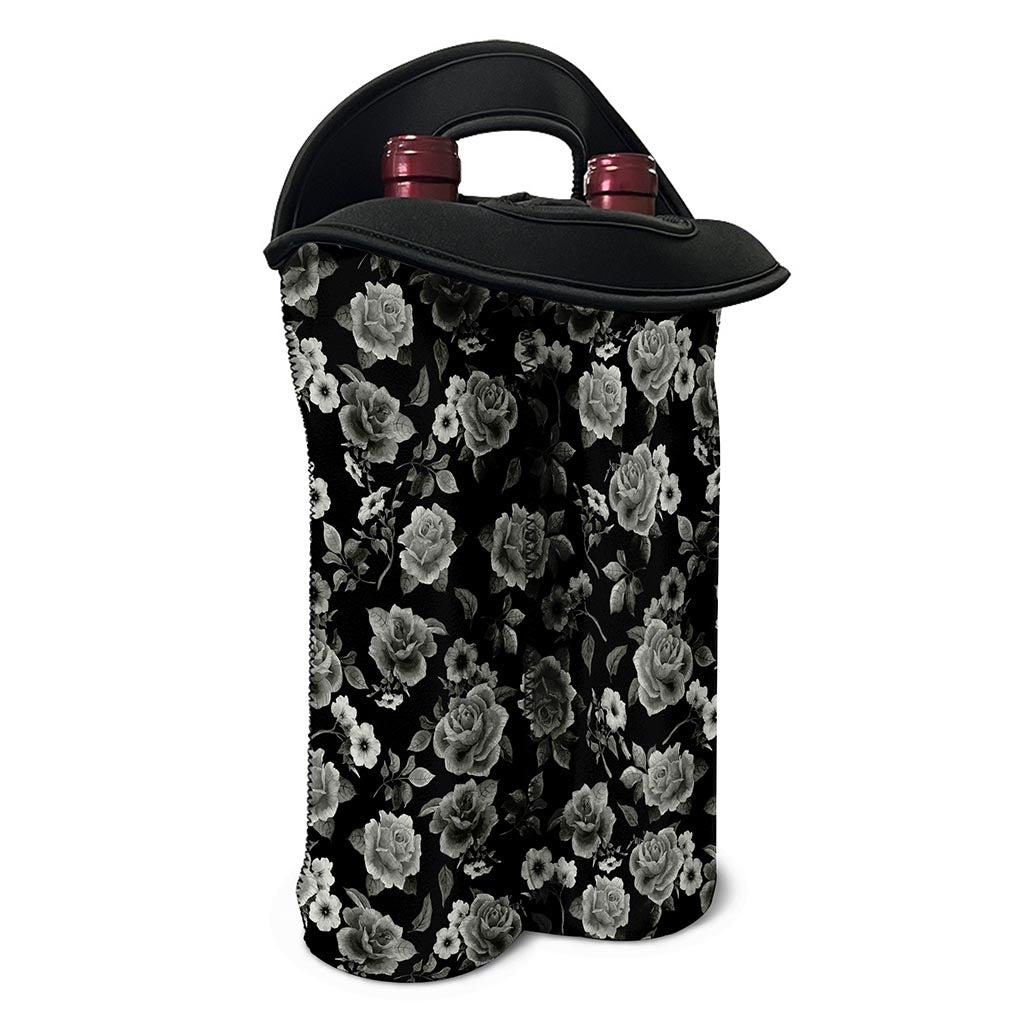 Monochrome Rose Floral Pattern Print Double Neoprene Wine Tote