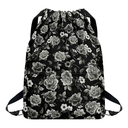 Monochrome Rose Floral Pattern Print Drawstring Backpack