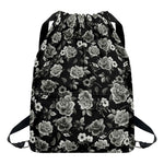 Monochrome Rose Floral Pattern Print Drawstring Backpack