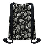 Monochrome Rose Floral Pattern Print Drawstring Backpack